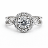 Silver Tone Round Halo Ring with CZ Center and Swirl Band Design