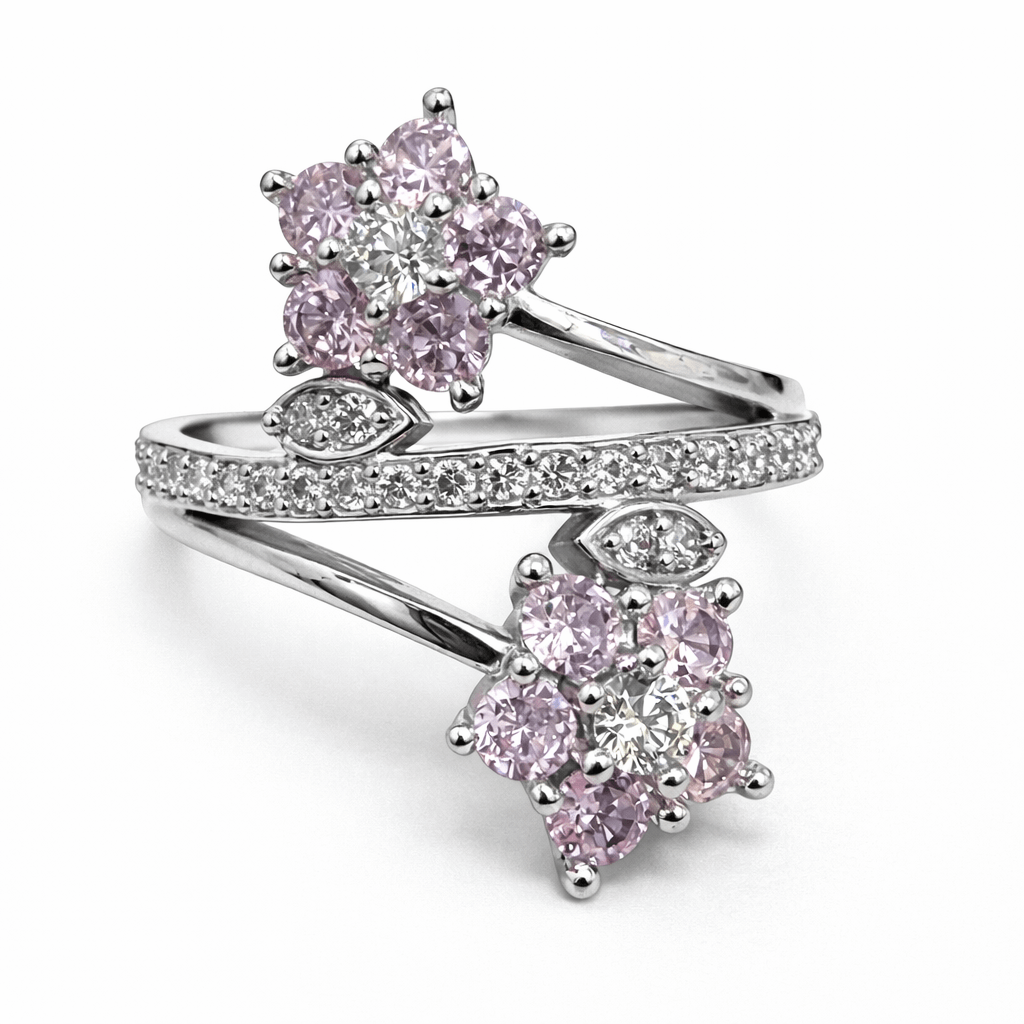 Silver Tone Floral Wrap Ring with Pink CZ Clusters and Pave Band