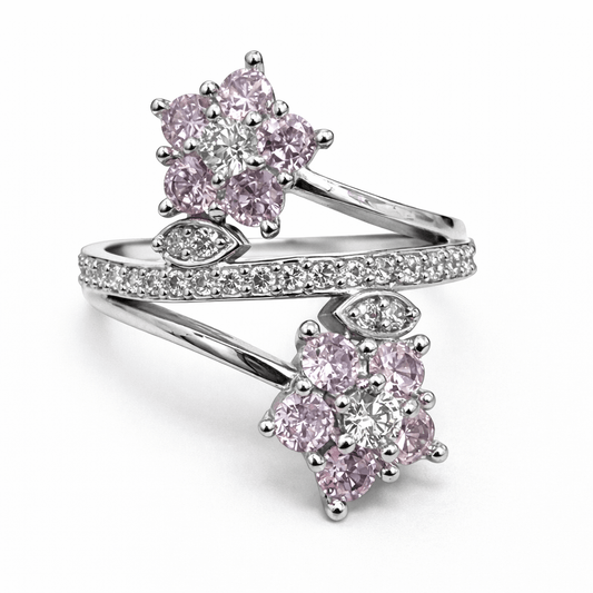 Silver Tone Floral Wrap Ring with Pink CZ Clusters and Pave Band