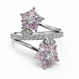 Silver Tone Floral Wrap Ring with Pink CZ Clusters and Pave Band