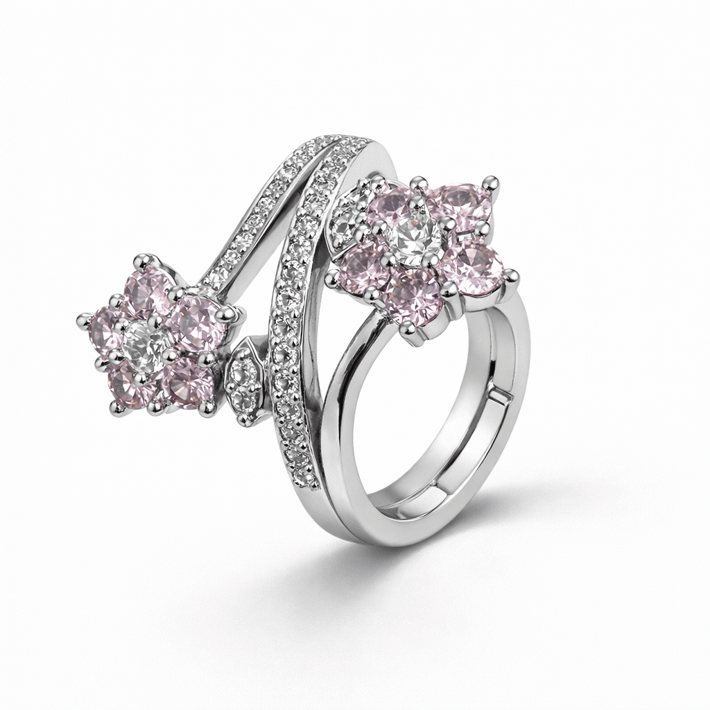 Silver Tone Floral Wrap Ring with Pink CZ Clusters and Pave Band