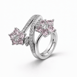 Silver Tone Floral Wrap Ring with Pink CZ Clusters and Pave Band