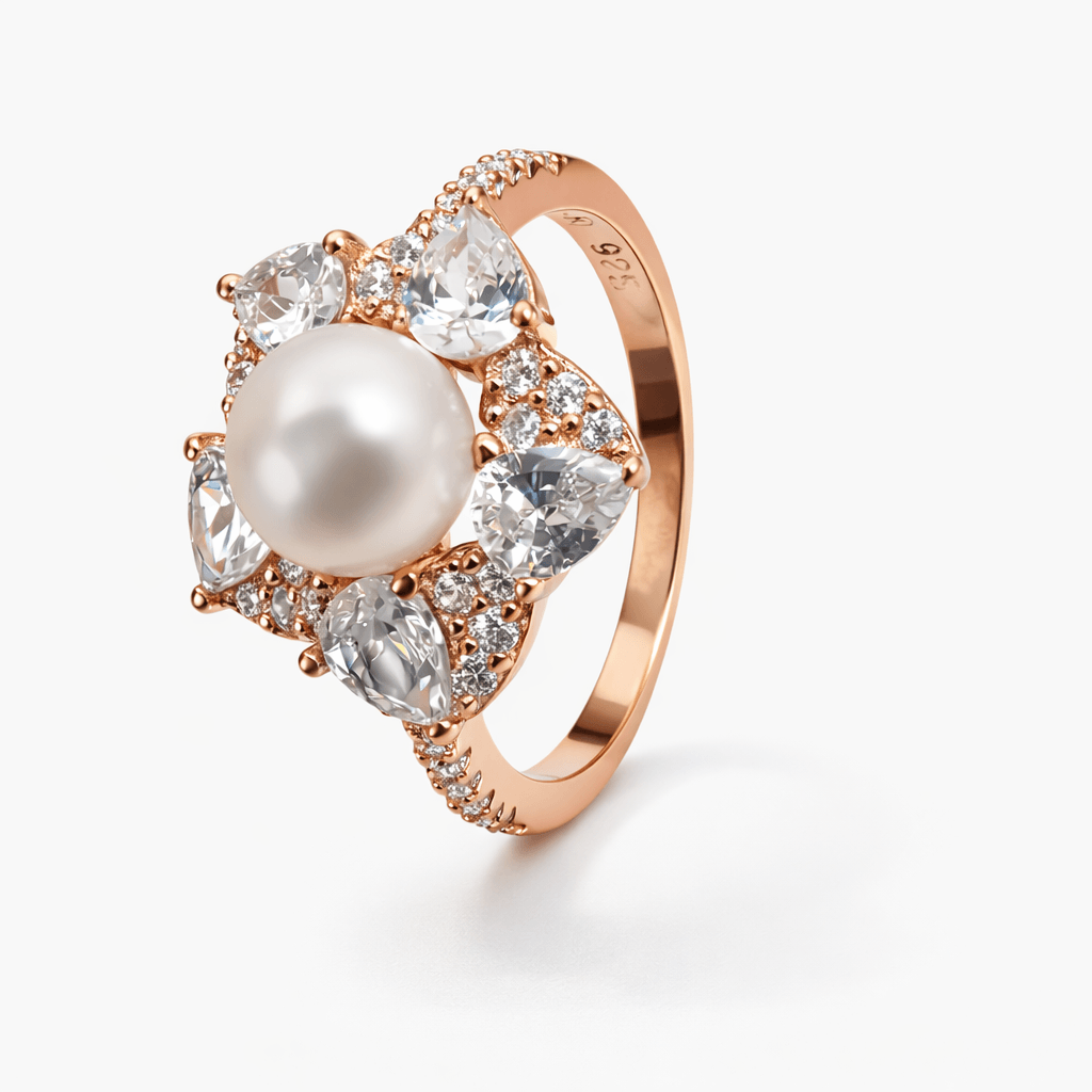Rose Gold Tone Floral Pearl Ring with CZ Halo Statement Design