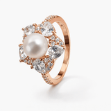 Rose Gold Tone Floral Pearl Ring with CZ Halo Statement Design