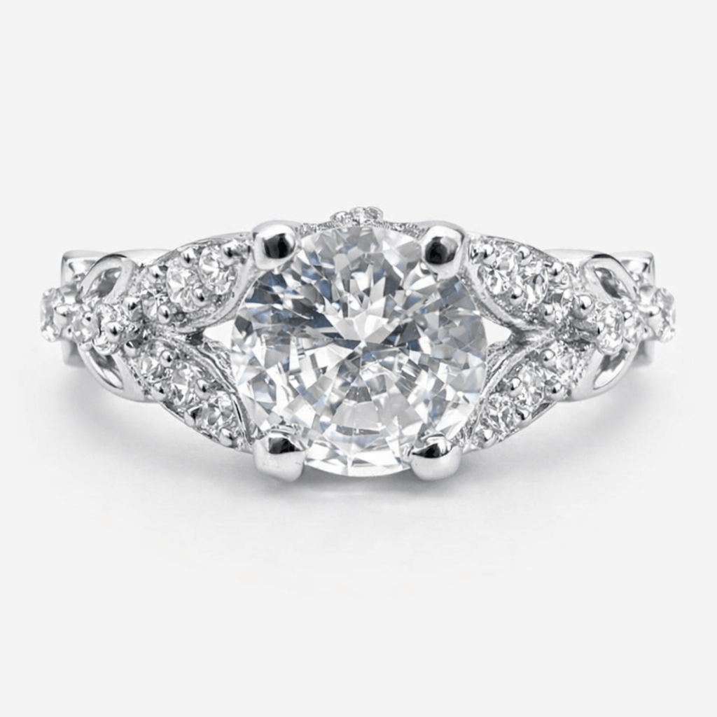 Silver Tone Solitaire CZ Ring with Leaf Side Detailing Elegant Design