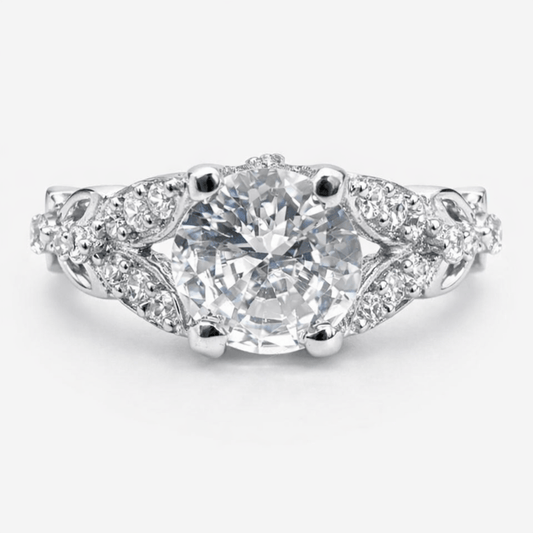 Silver Tone Solitaire CZ Ring with Leaf Side Detailing Elegant Design