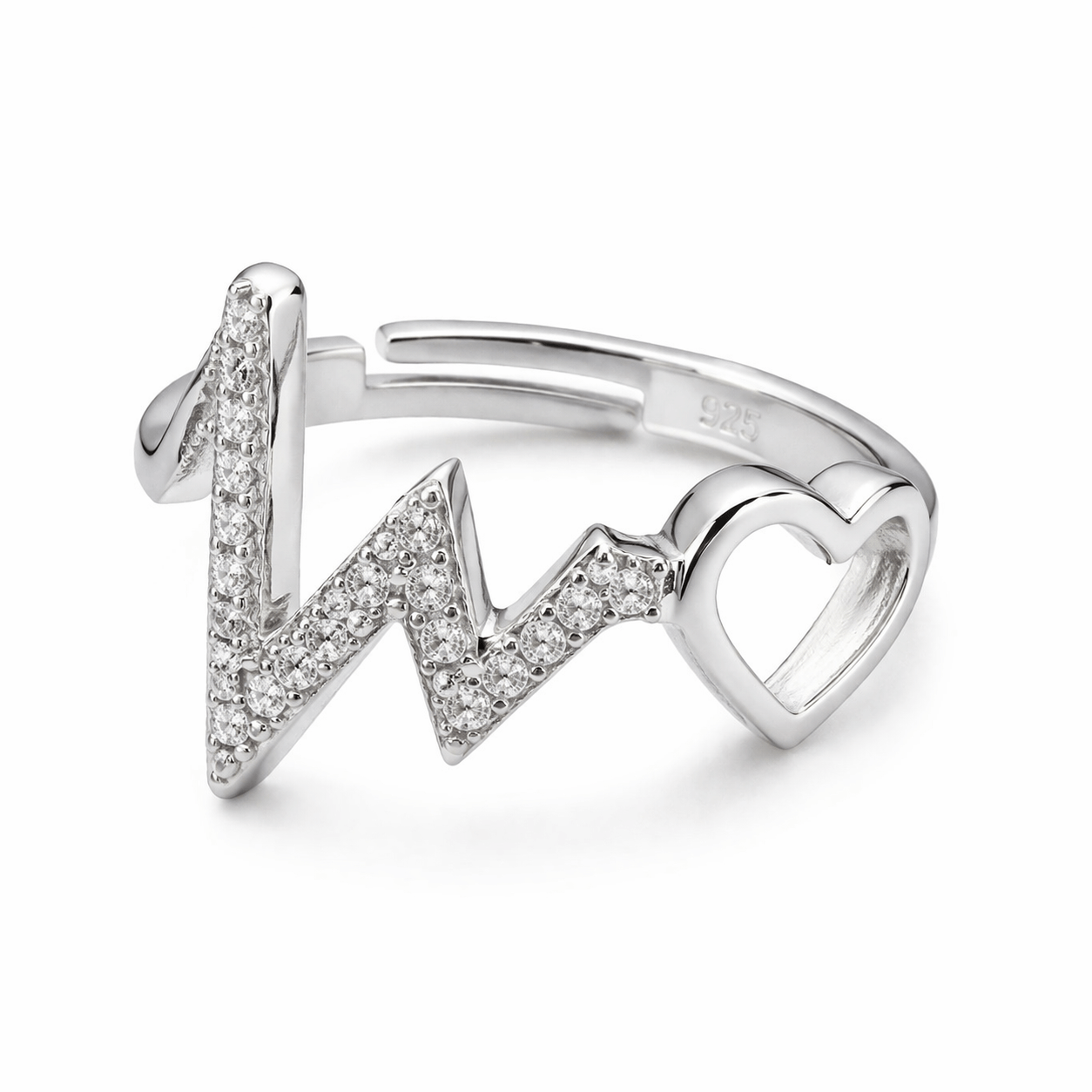 Silver Tone Heartbeat Love Ring with CZ Studded Open Design