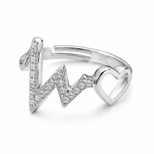Silver Tone Heartbeat Love Ring with CZ Studded Open Design