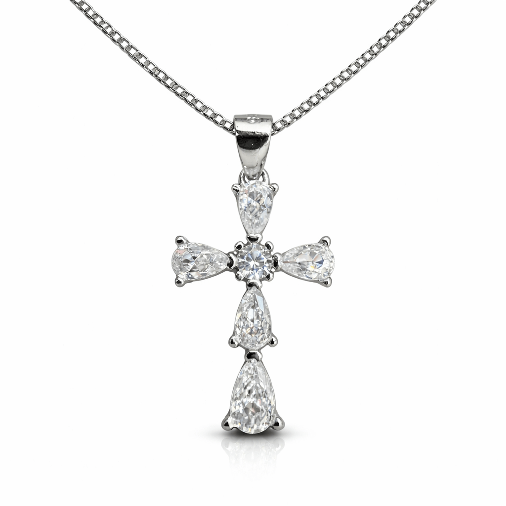 Cross Pendant Silver Tone Teardrop Crystal Elegant Sparkling Statement Jewellery