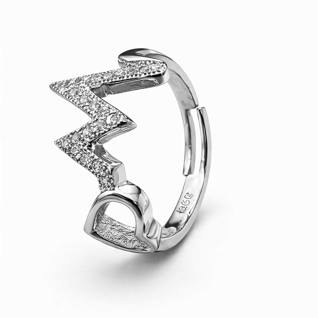 Silver Tone Heartbeat Love Ring with CZ Studded Open Design
