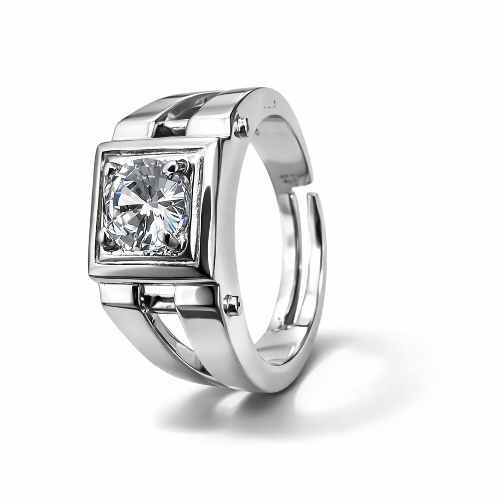 Silver Tone Geometric Solitaire Ring with Square Frame CZ Center