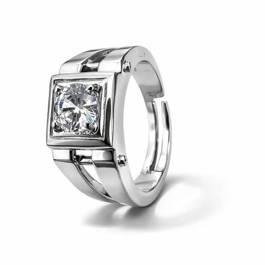 Silver Tone Geometric Solitaire Ring with Square Frame CZ Center
