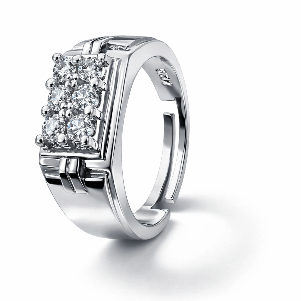 Silver Tone Square Cluster CZ Ring with Structured Band Bold Design
