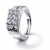 Silver Tone Square Cluster CZ Ring with Structured Band Bold Design