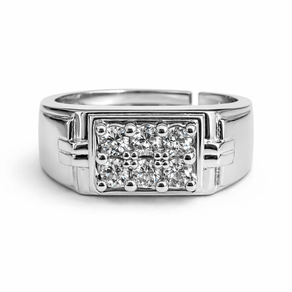Silver Tone Square Cluster CZ Ring with Structured Band Bold Design