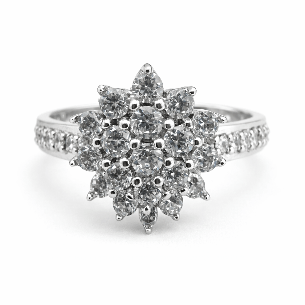 Silver Tone Floral Cluster CZ Ring with Multi Stone Statement Design