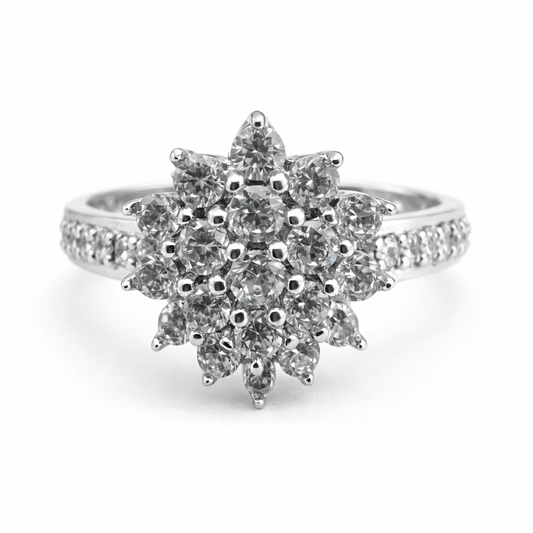 Silver Tone Floral Cluster CZ Ring with Multi Stone Statement Design