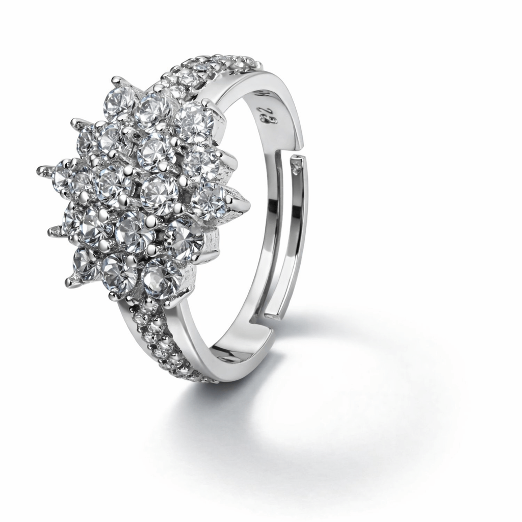 Silver Tone Floral Cluster CZ Ring with Multi Stone Statement Design