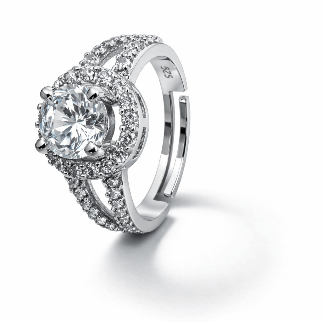 Silver Tone Halo Solitaire Ring with CZ Double Band Sparkle Design