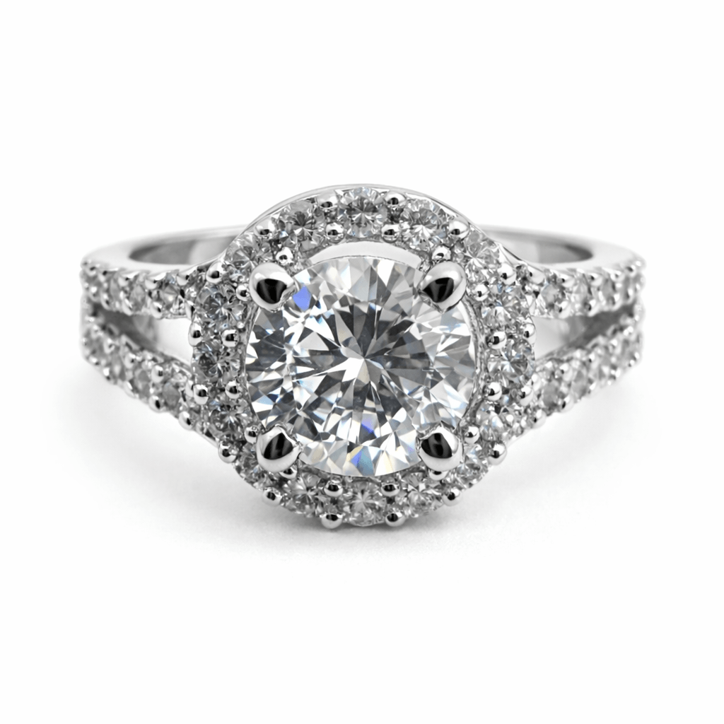 Silver Tone Halo Solitaire Ring with CZ Double Band Sparkle Design