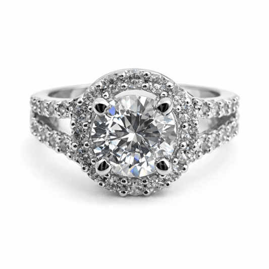 Silver Tone Halo Solitaire Ring with CZ Double Band Sparkle Design