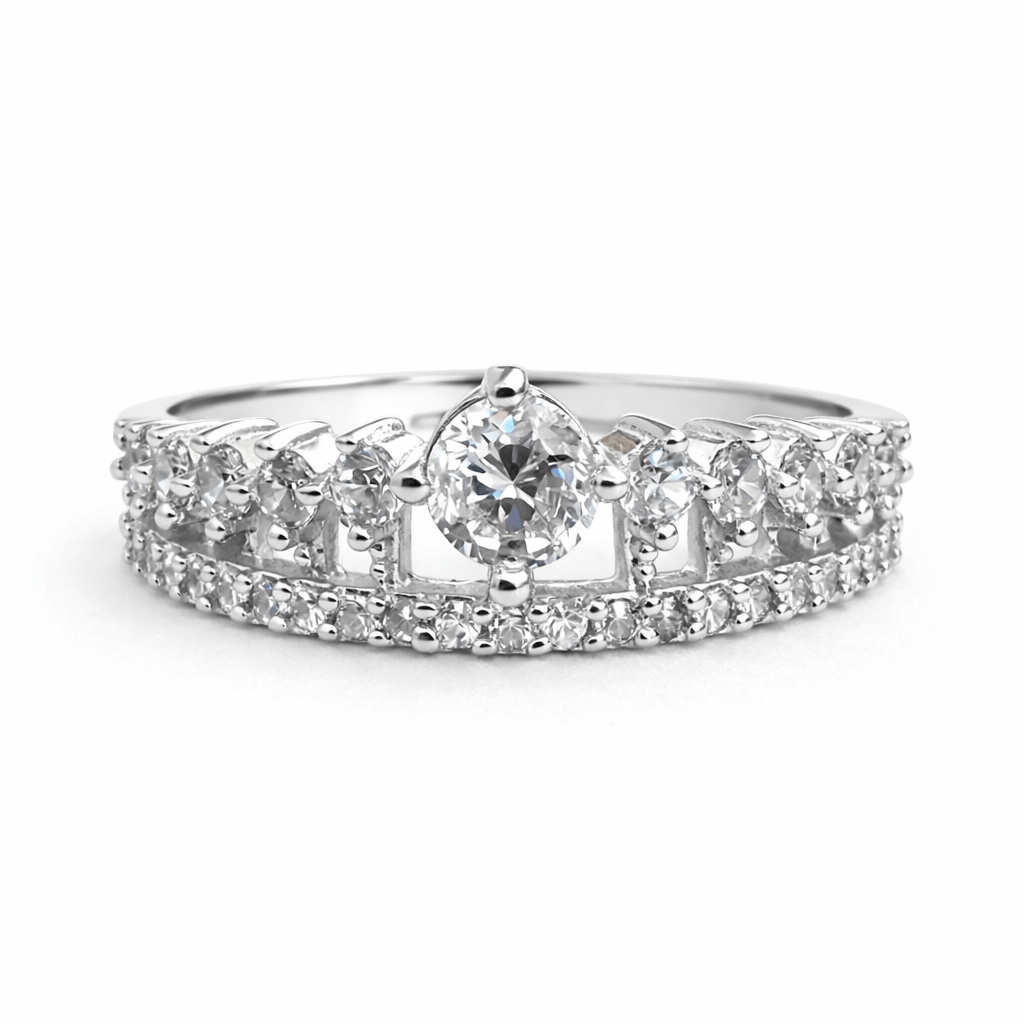 Silver Tone Pear Cut CZ Ring with Crown Style Multi Stone Band