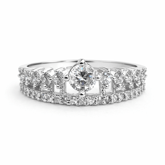 Silver Tone Pear Cut CZ Ring with Crown Style Multi Stone Band
