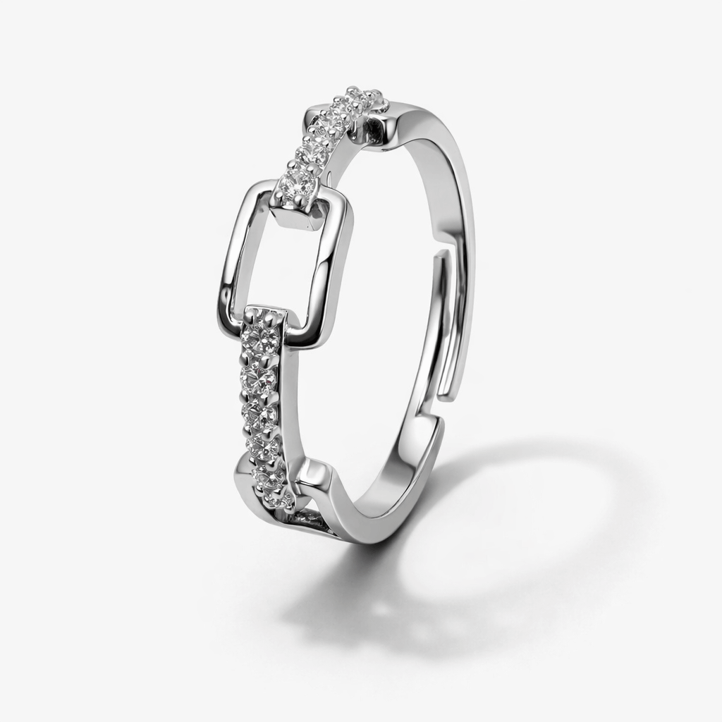 Silver Tone Minimal Rectangle Link Ring with CZ Studded Band