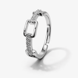 Silver Tone Minimal Rectangle Link Ring with CZ Studded Band