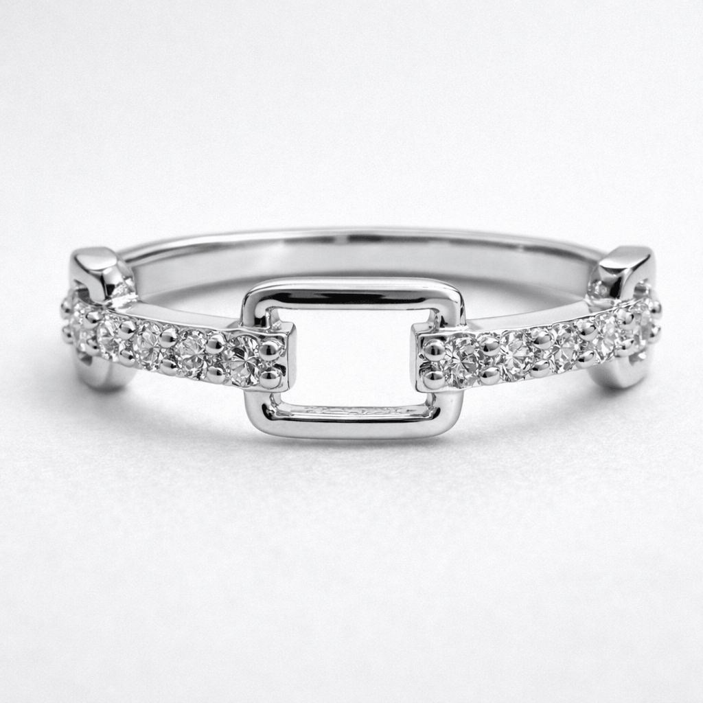Silver Tone Minimal Rectangle Link Ring with CZ Studded Band