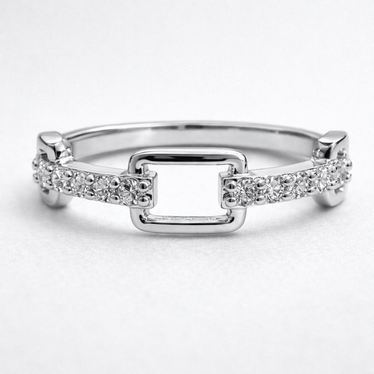 Silver Tone Minimal Rectangle Link Ring with CZ Studded Band