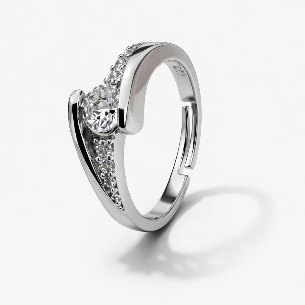 Silver Tone Twist Solitaire Ring with CZ Accents Elegant Modern Design