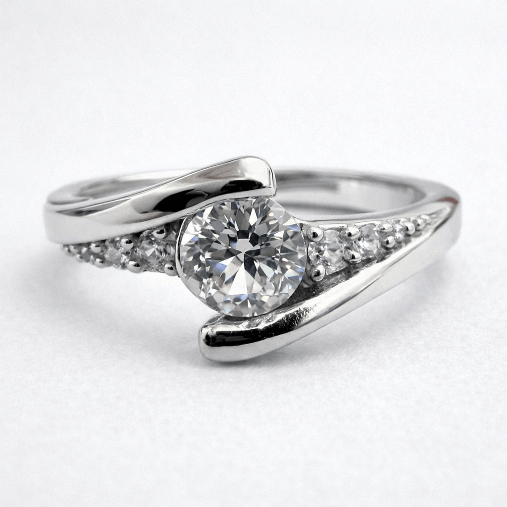 Silver Tone Twist Solitaire Ring with CZ Accents Elegant Modern Design
