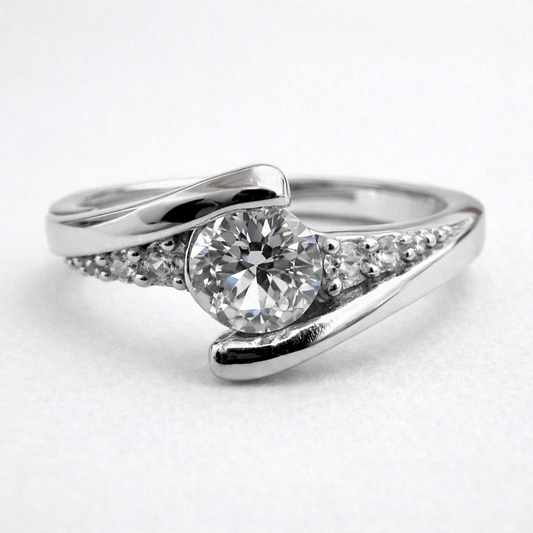 Silver Tone Twist Solitaire Ring with CZ Accents Elegant Modern Design