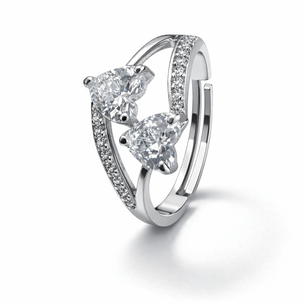 Silver Tone Dual Pear CZ Ring with Open Band Modern Design