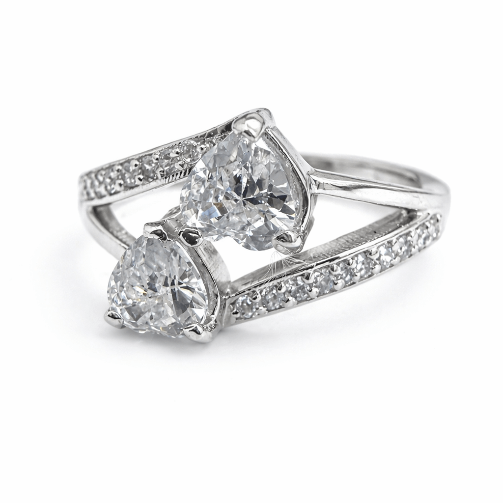 Silver Tone Dual Pear CZ Ring with Open Band Modern Design