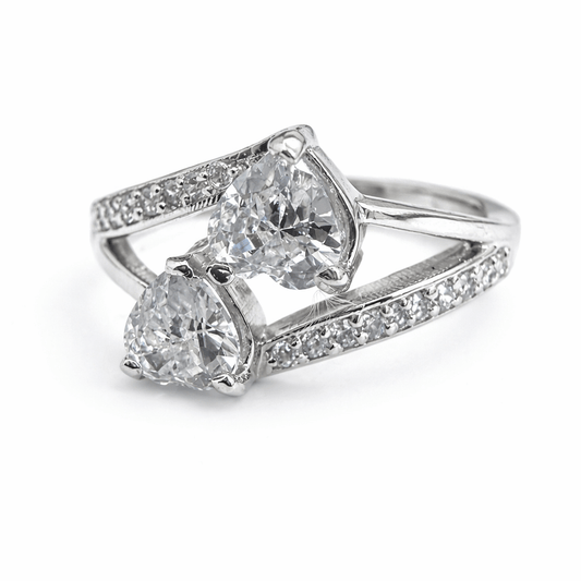 Silver Tone Dual Pear CZ Ring with Open Band Modern Design
