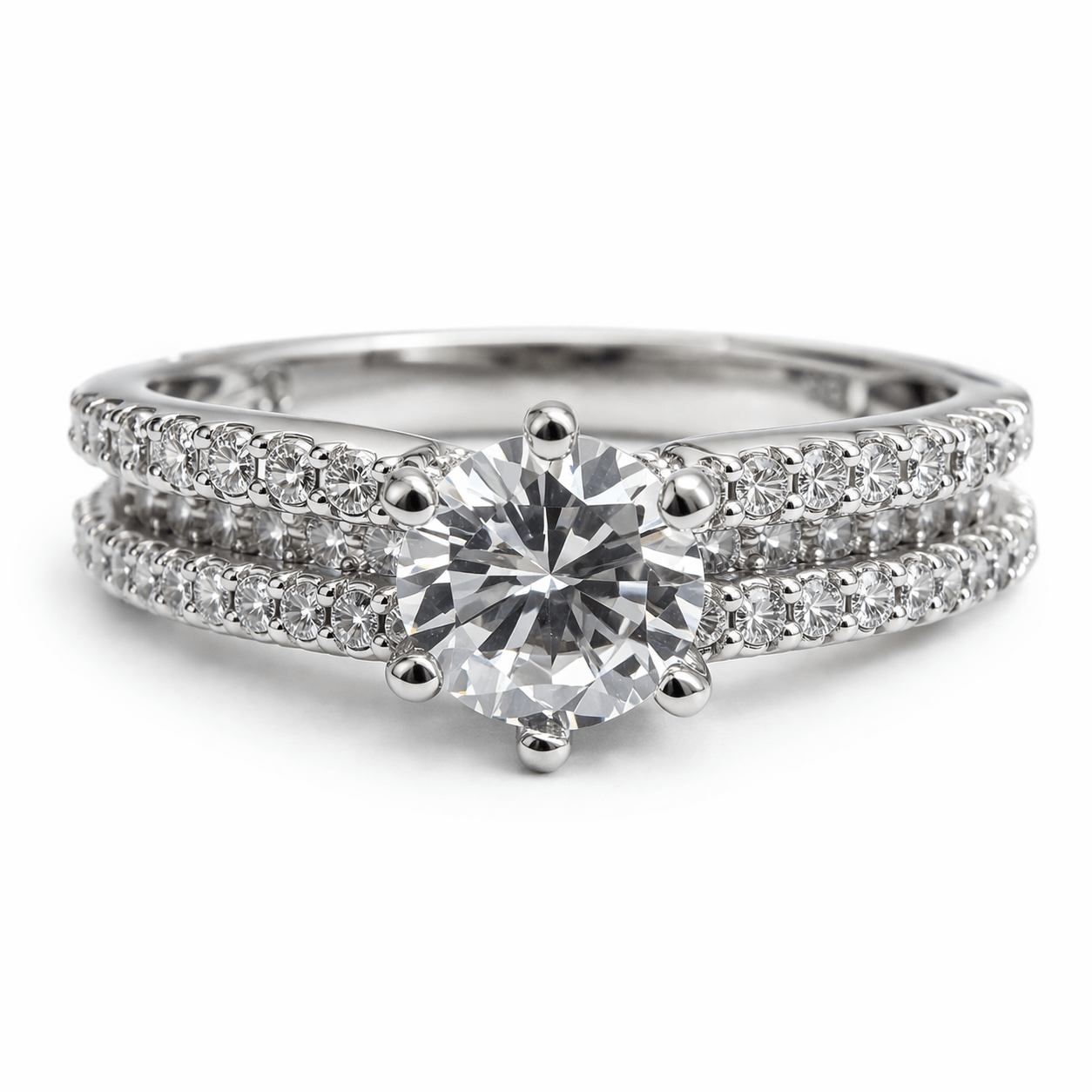 Silver Tone Double Band Solitaire Ring with CZ Studded Elegant Design