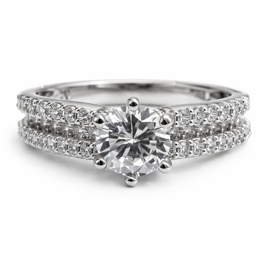 Silver Tone Double Band Solitaire Ring with CZ Studded Elegant Design