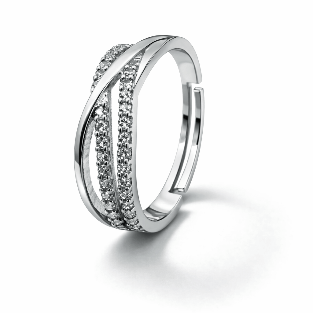 Silver Tone Criss Cross Infinity Ring with CZ Studded Elegant Design