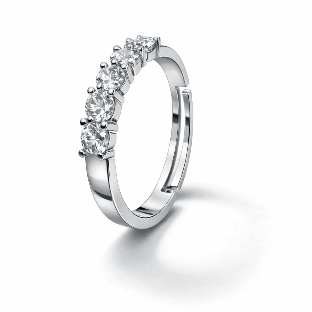 Silver Tone Five Stone CZ Ring with Classic Row Elegant Design