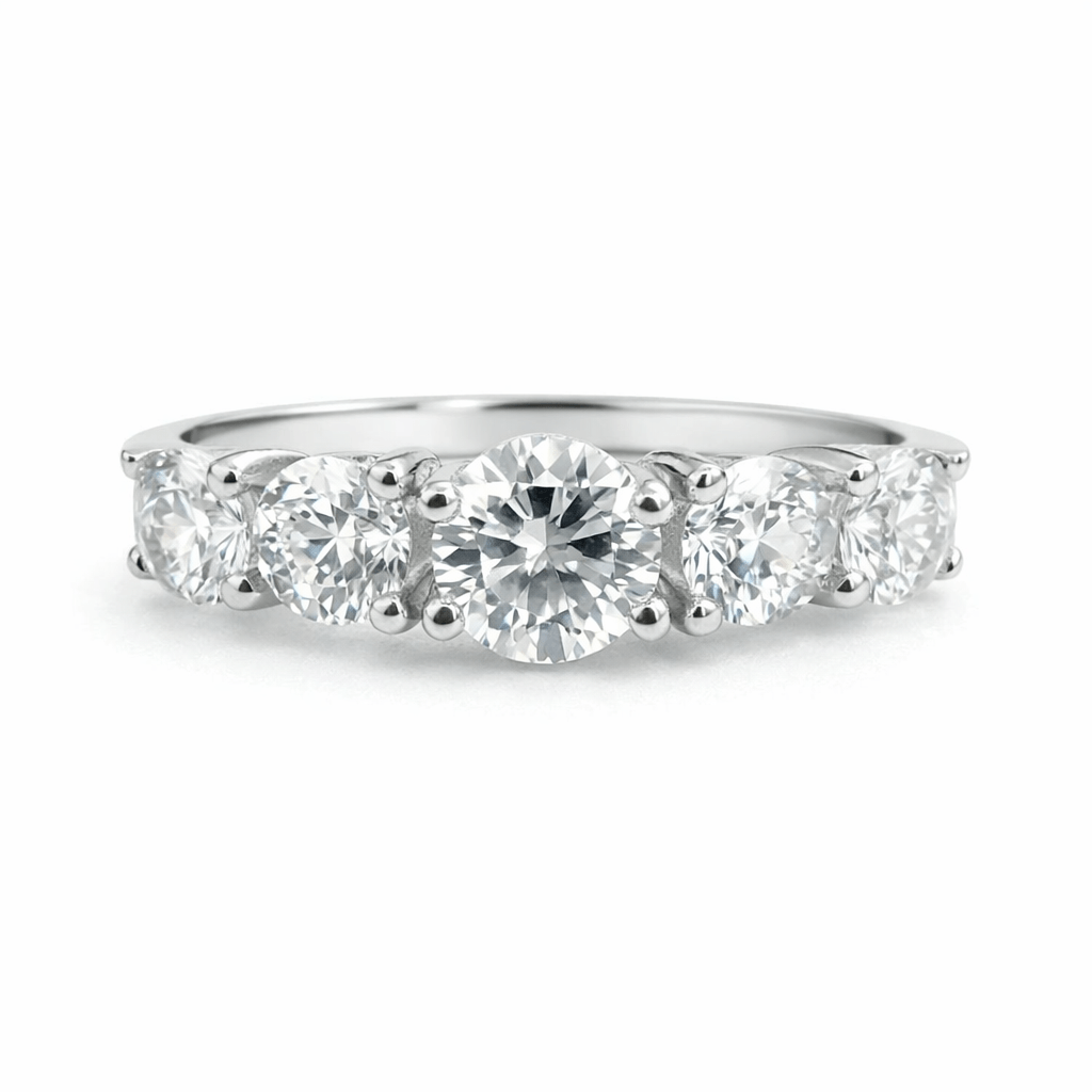 Silver Tone Five Stone CZ Ring with Classic Row Elegant Design