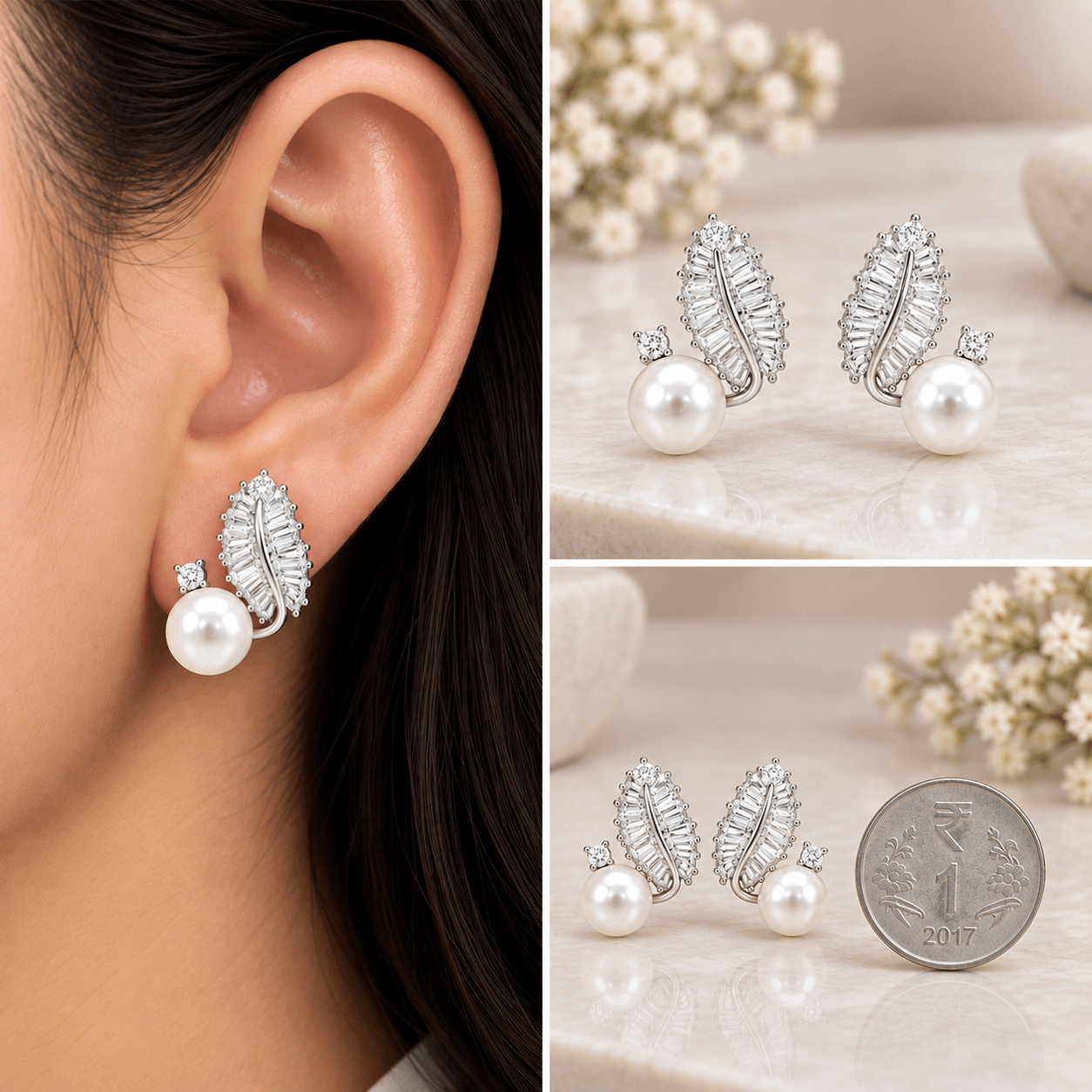 VPearl & Sparkling Leaf Stud Earrings