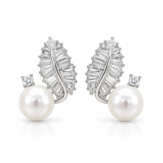 VPearl & Sparkling Leaf Stud Earrings