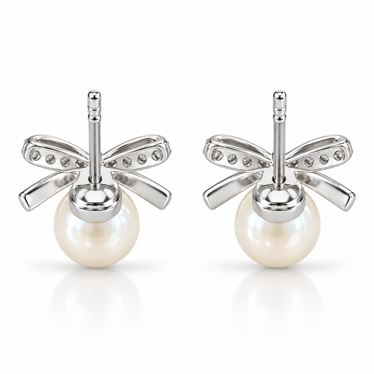 Pearl Bow Stud Earrings with Sparkling Stones