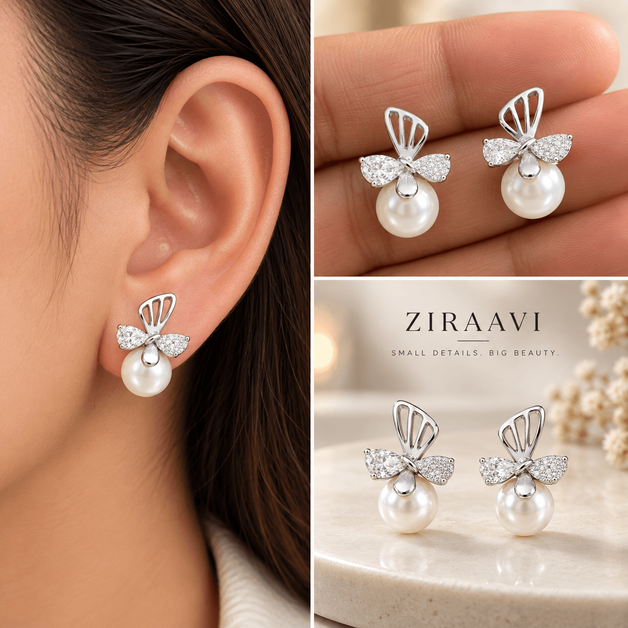 Pearl Bow Stud Earrings with Sparkling Stones