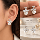 Pearl Bow Stud Earrings with Sparkling Stones