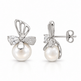 Pearl Bow Stud Earrings with Sparkling Stones