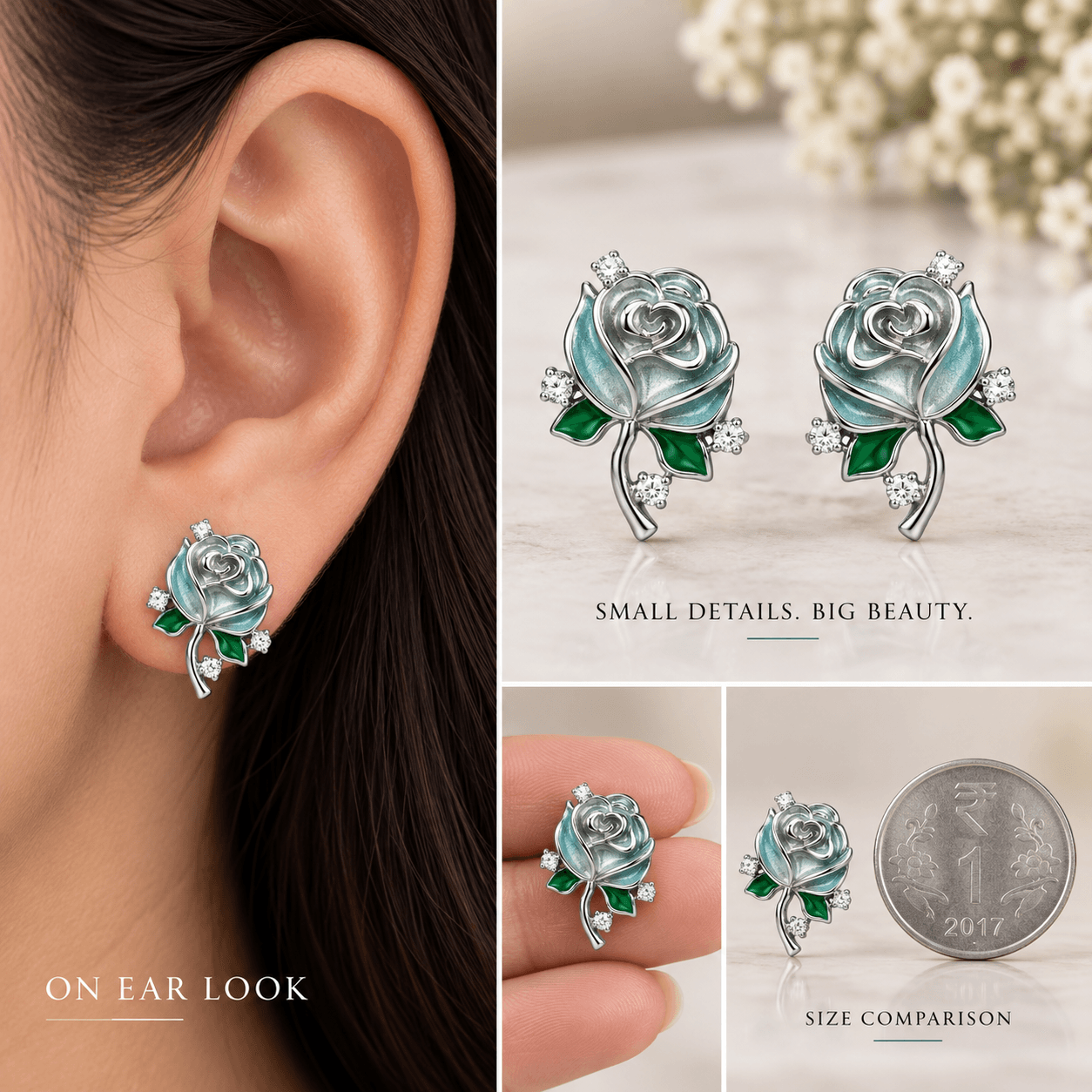 Elegant Enamel Rose Flower Stud Earrings