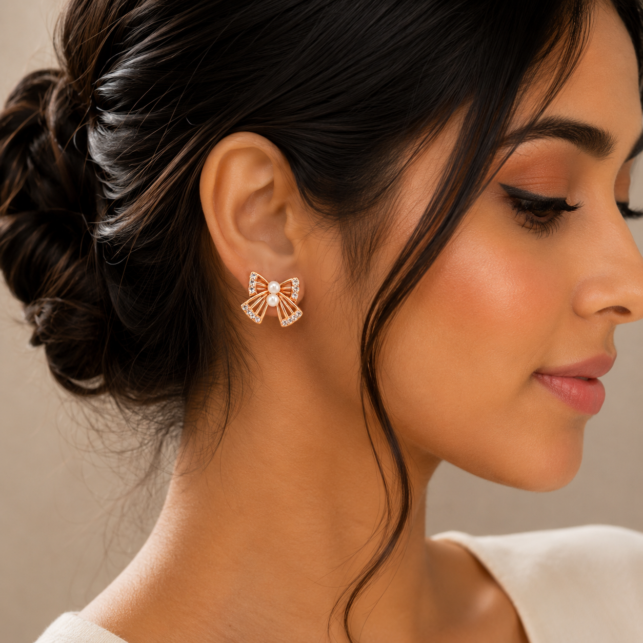 Bow Pearl CZ Stud Earrings in 925 Sterling Silver | Ziraavi